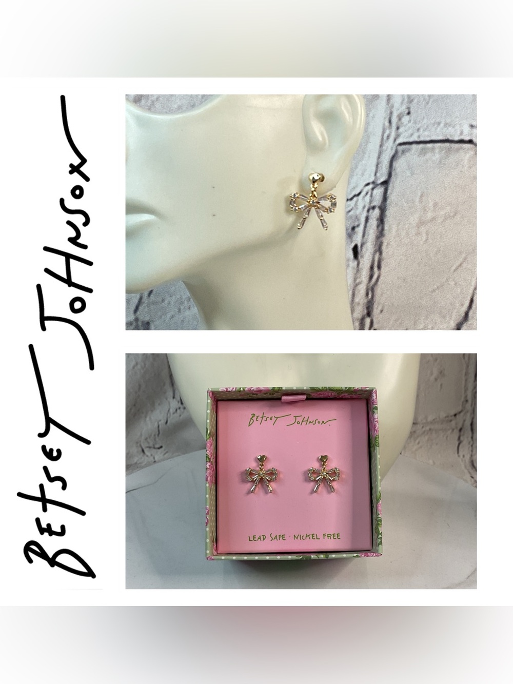 🌟🌟 Betsey Johnson CZ Gold Bow Stud Drop Earrings